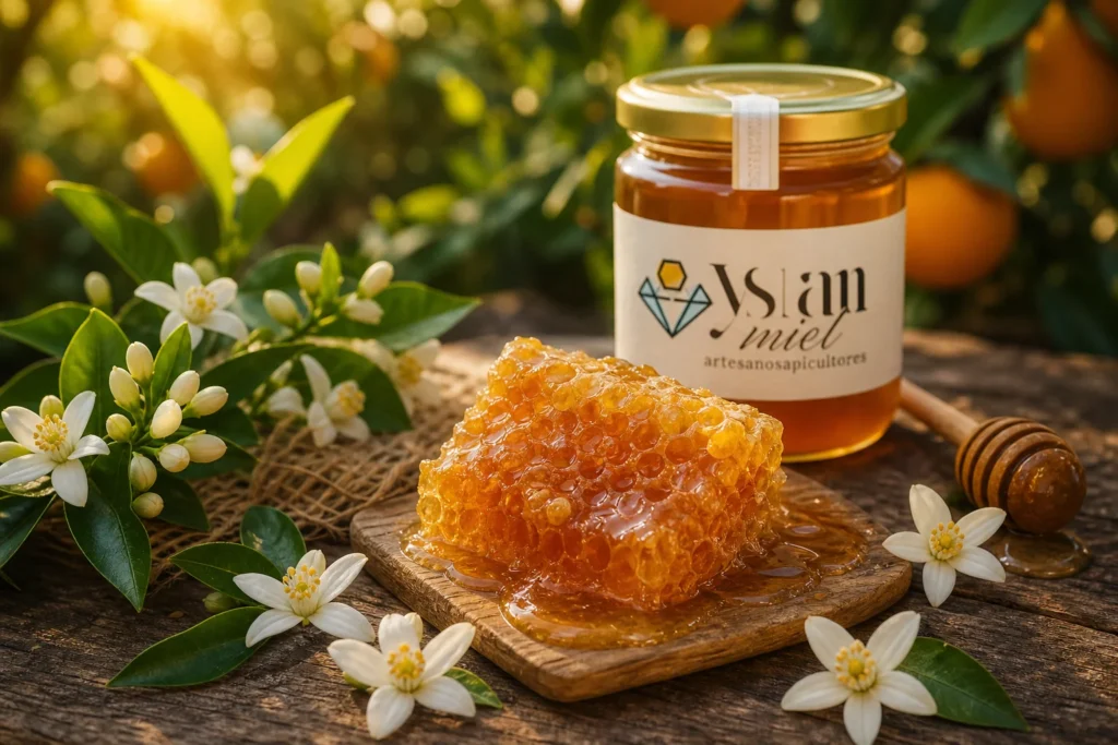 Proceso de elaboración de la miel de azahar Ystanmiel: panal natural y flores de naranjo frescas sobre mesa de madera