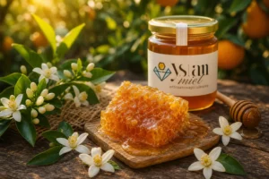 Proceso de elaboración de la miel de azahar Ystanmiel: panal natural y flores de naranjo frescas sobre mesa de madera